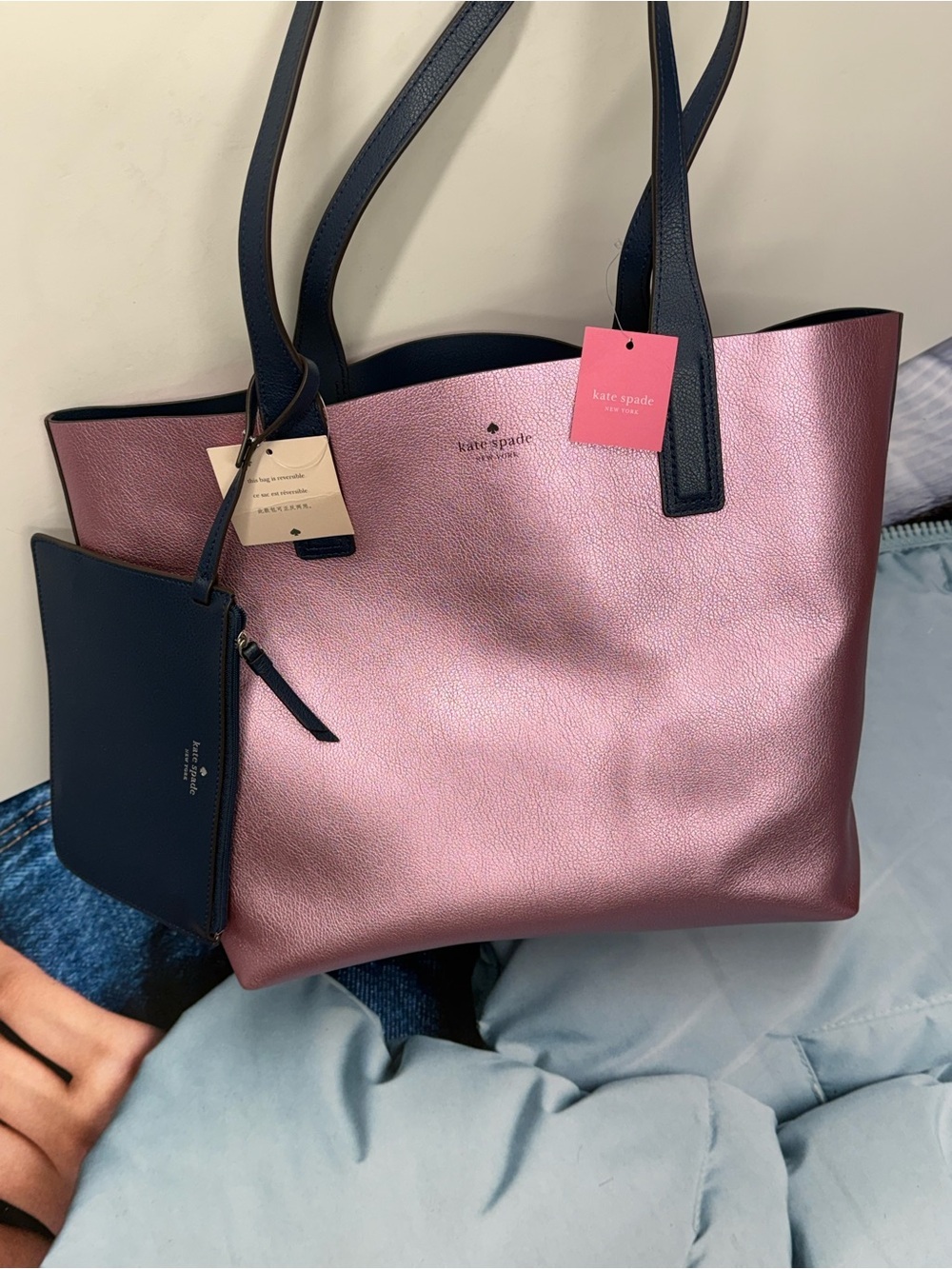 (new+tag) Kate Spade Large Tote Reversible Metallic Pink / Navy + Zip Pouch